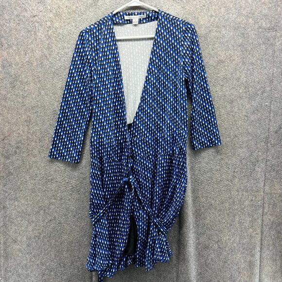 Diane von Furstenberg Dress Womens 8 Blue Reina Ruched Front Geometric Dot V - Picture 1 of 11